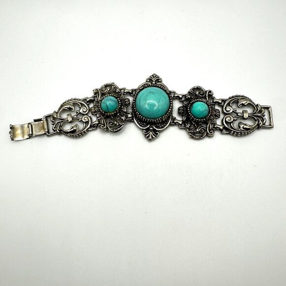 Vintage 7" Lucite Cabochon mid-century bracelet in silver tone metal! - Picture 1 of 13